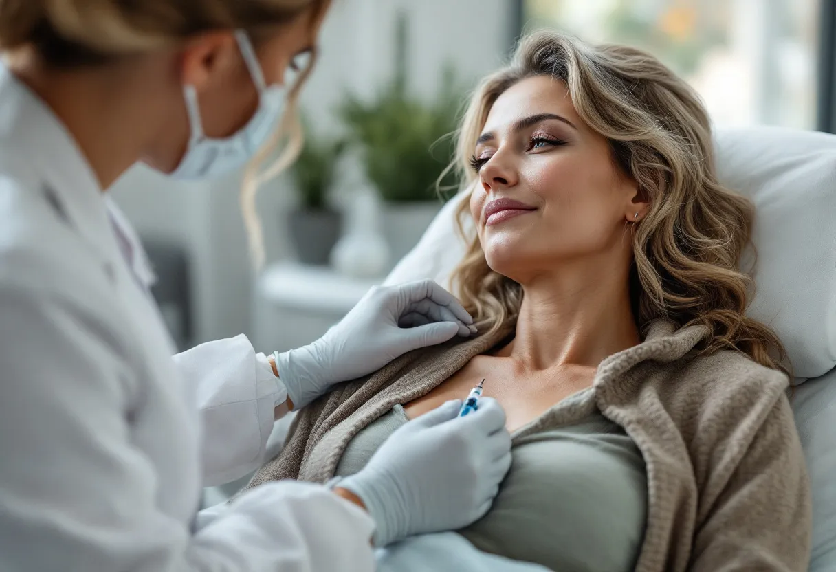 Een vrouw van middelbare leeftijd met een stralende, egale huid ligt ontspannen op een behandeltafel terwijl een arts met fijne naaldjes een injectie plaatst in haar wang, in een lichte, moderne kliniek te Gent.