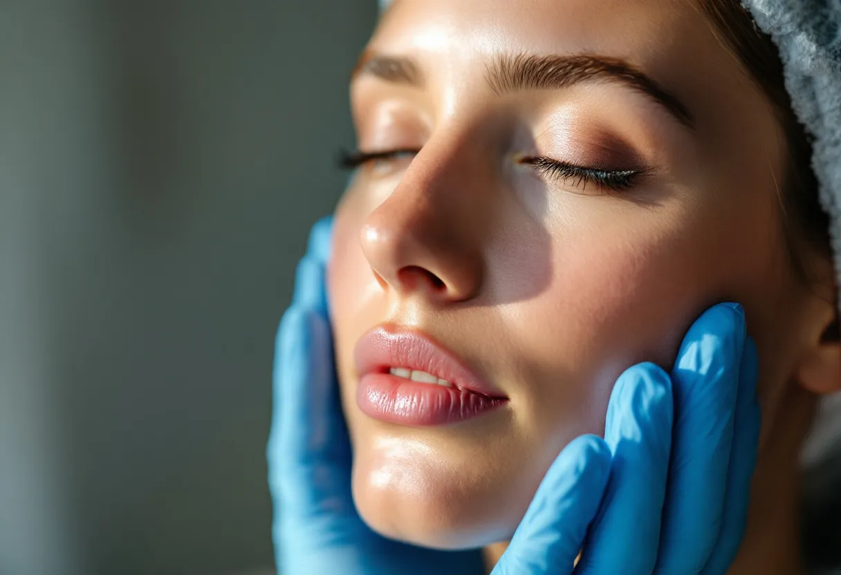 Een close-up van een stralende vrouwelijke huid rond de mondhoeken, voor en na een Profhilo-behandeling, met zacht natuurlijk licht in een discrete Gentse kliniek.