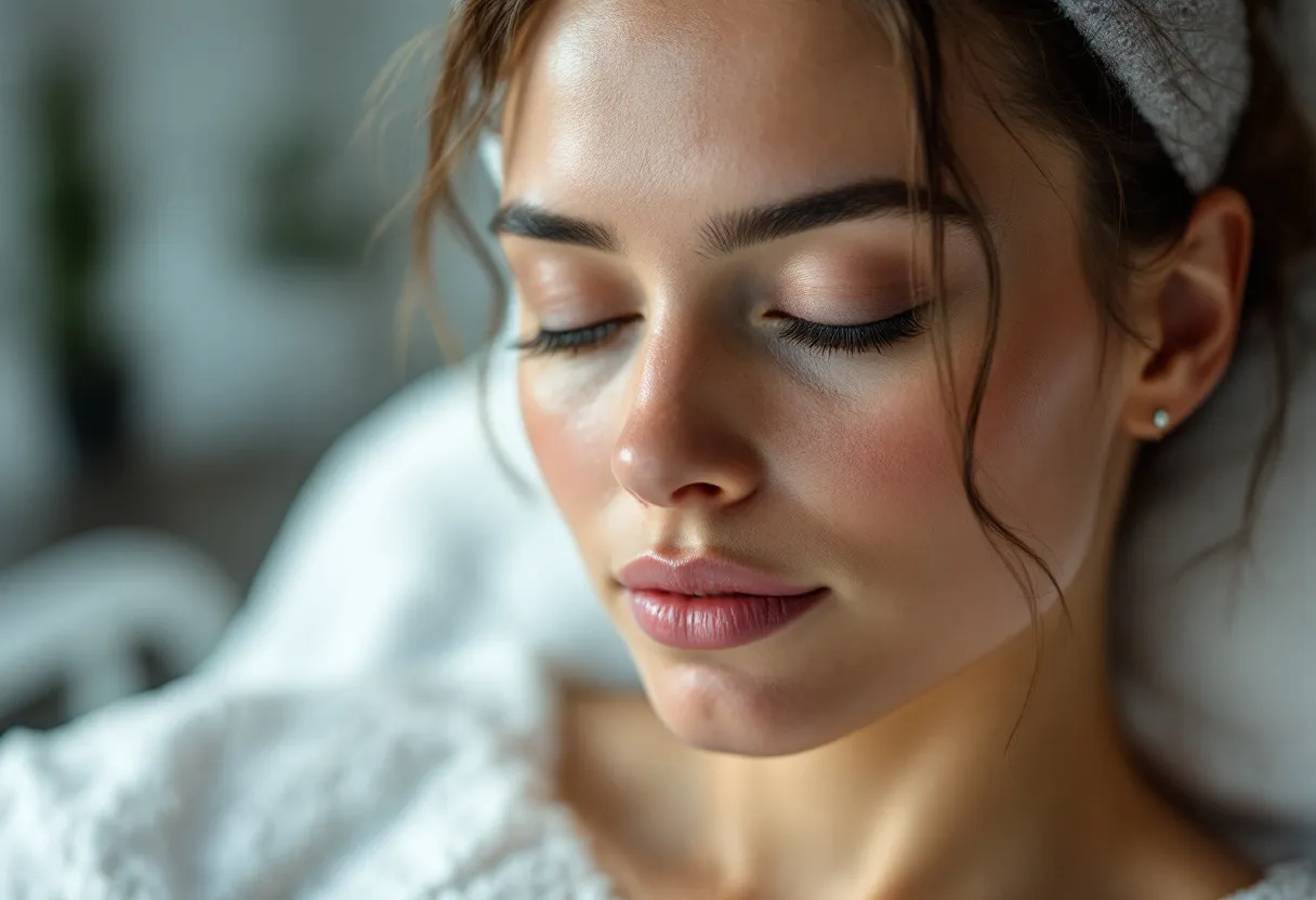 Close-up van een vrouw met een doffe huid die na een Profhilo-behandeling een natuurlijke, gezonde gloed vertoont, terwijl ze zachtjes haar wang aanraakt in een lichte, serene behandelkamer in Gent.