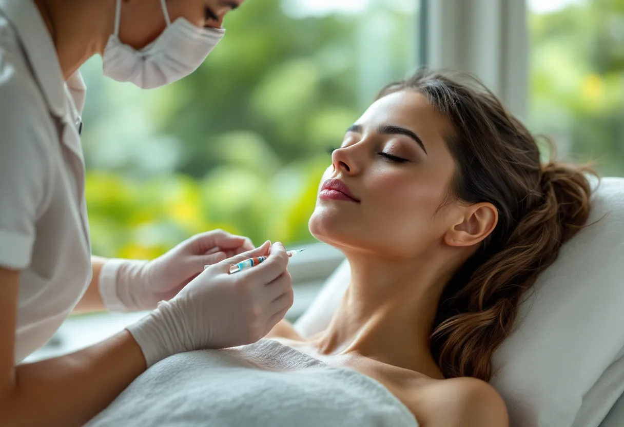 Een vrouw met een natuurlijk stralende, strakke huid ondergaat een Profhilo-behandeling in een lichte kliniek, waarbij een arts met een fijne naald injecties in de wangzone toedient, met uitzicht op een groene binnentuin.