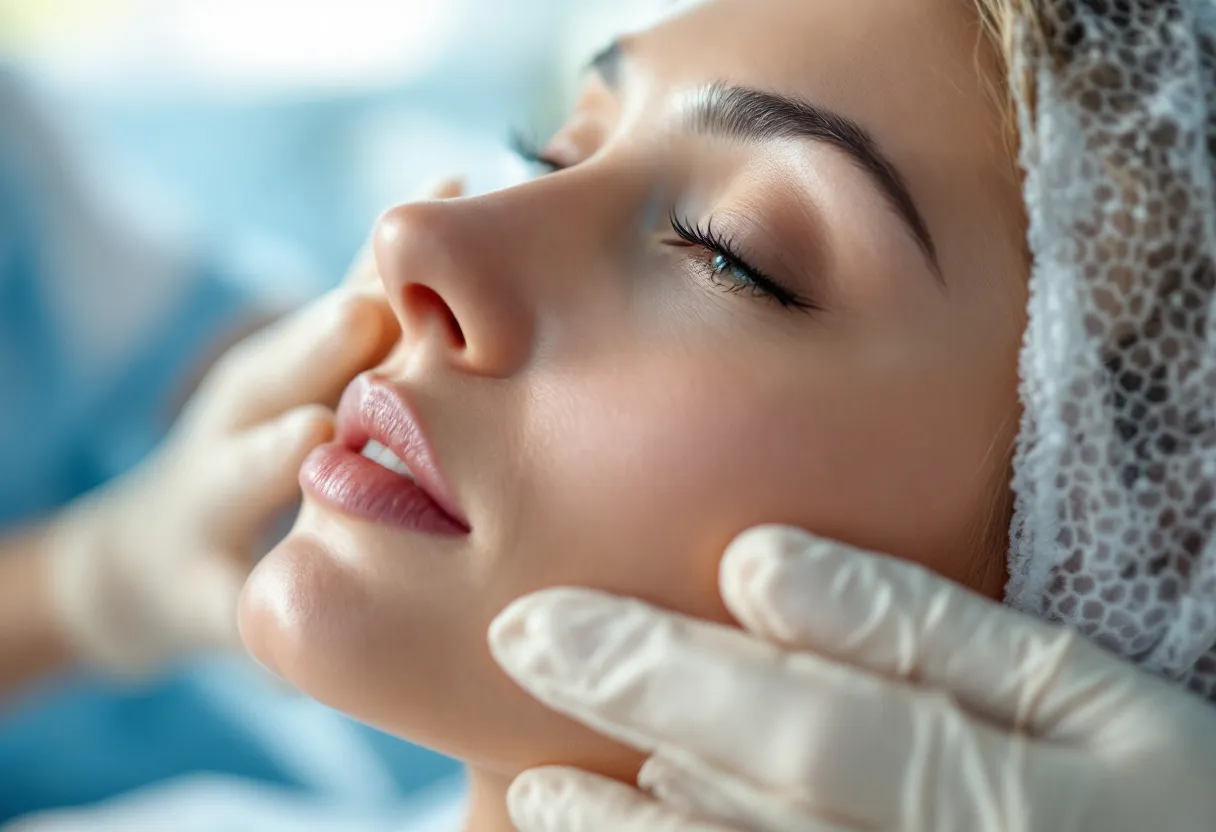 Een fotorealistische close-up van een stralende huid van een vrouw van in de veertig, met subtiele, natuurlijke verbetering na Profhilo-behandeling, in een serene klinieksetting in Gent.