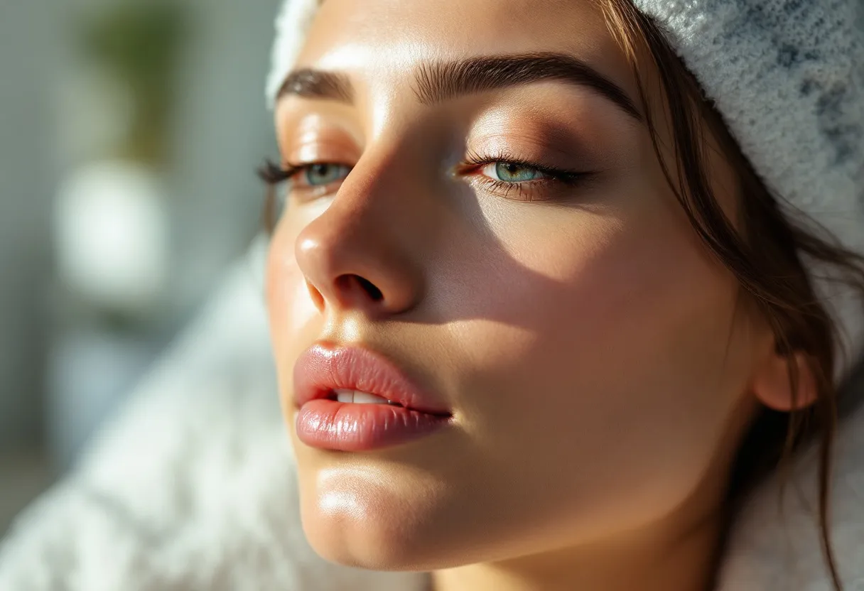 Een close-up van een stralende vrouwelijke huid met zachte belichting, die subtiele hydratatie en elasticiteit toont na Profhilo-behandeling, in een serene, lichte kliniekruimte in Gent.