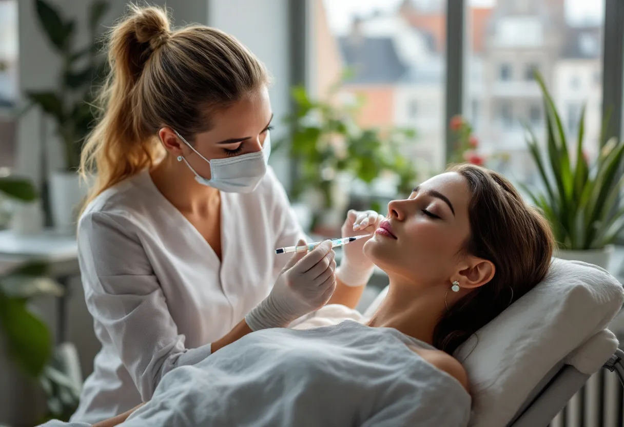 Een zorgzame huidtherapeut injecteert zachtjes Profhilo in de wang van een vrouwelijke cliënt met fijne lijntjes, in een lichte Gentse kliniek met planten en zicht op de historische binnenstad.