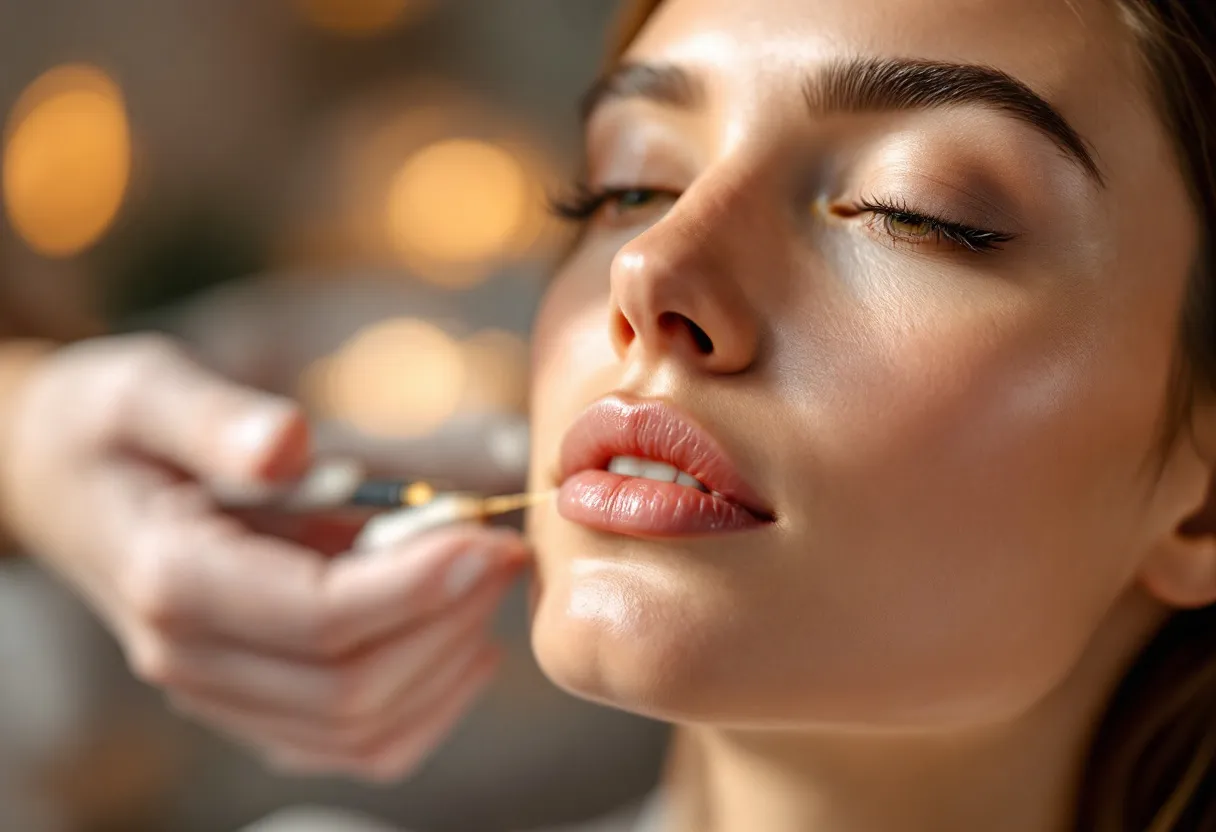 Een fotorealistische close-up foto van een stralende, natuurlijk ogende huid van een vrouw van middelbare leeftijd, waarbij de nadruk ligt op de verbeterde elasticiteit en hydratatie zonder zichtbare fillereffecten, in een serene esthetische kliniek in Gent met warme, natuurlijke verlichting.